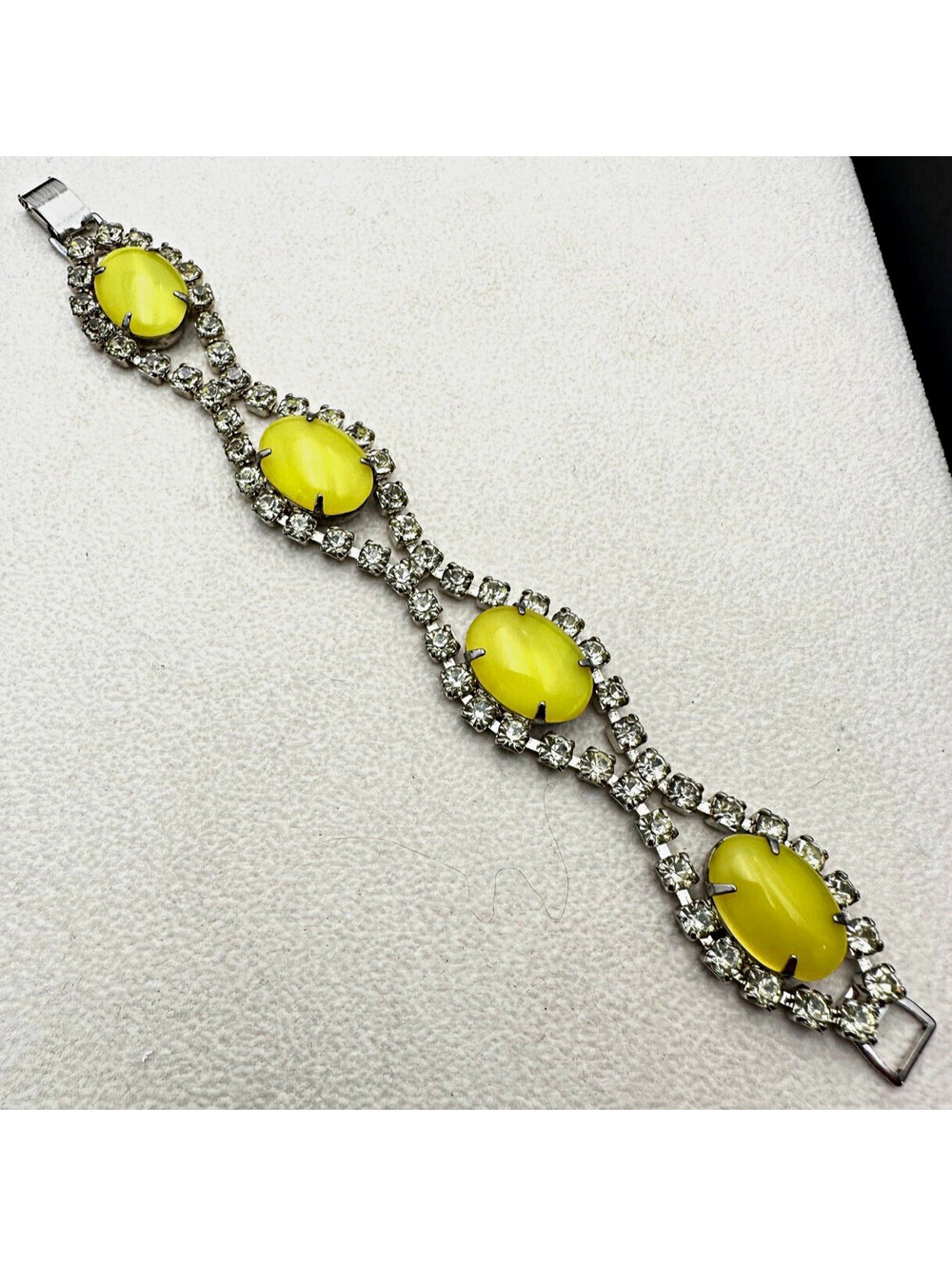 Estate Silver Tone Bracelet Yellow Cabachon Rhinestones 6.5”